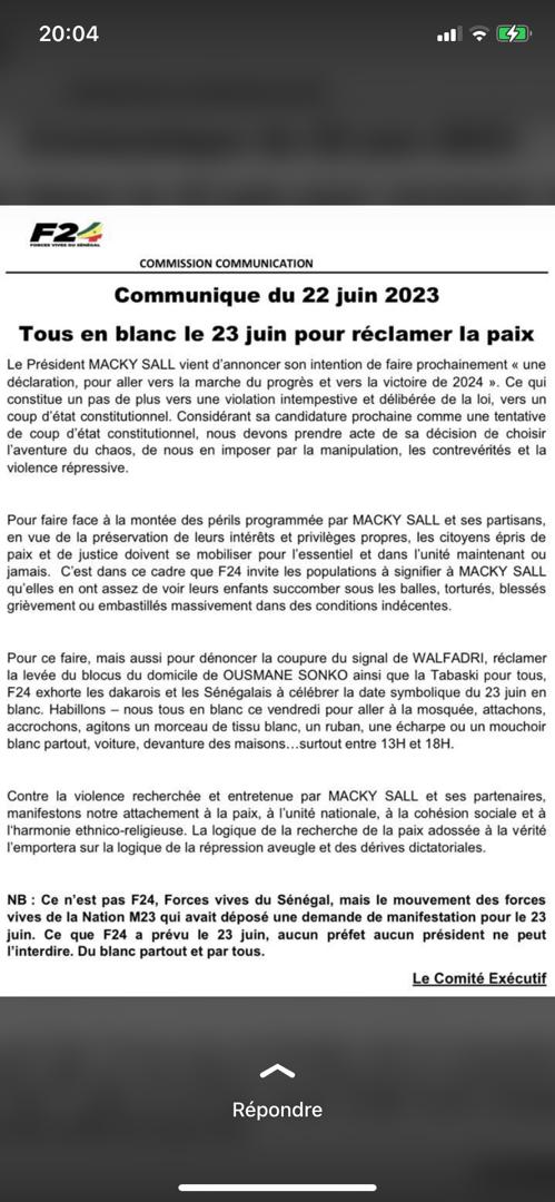 Le F24 exhorte les Sénégalais à célébrer le 23 juin, en blanc