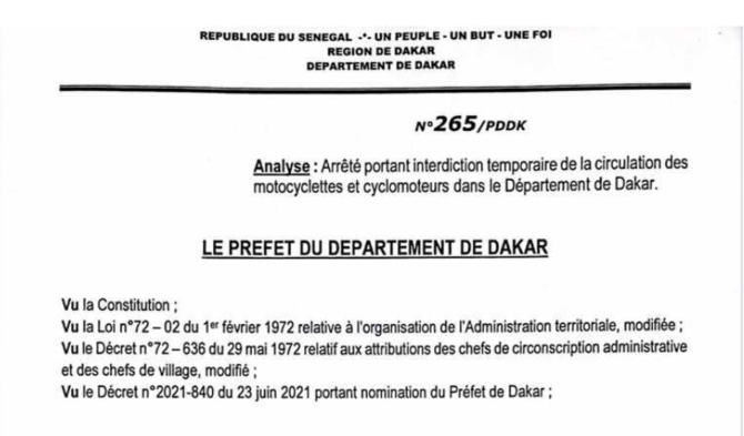 Dakar: Le préfet interdit la circulation de motos, ce dimanche