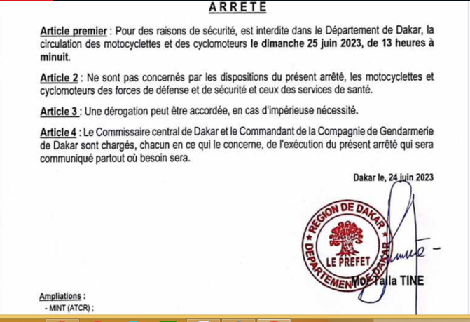 Dakar: Le préfet interdit la circulation de motos, ce dimanche