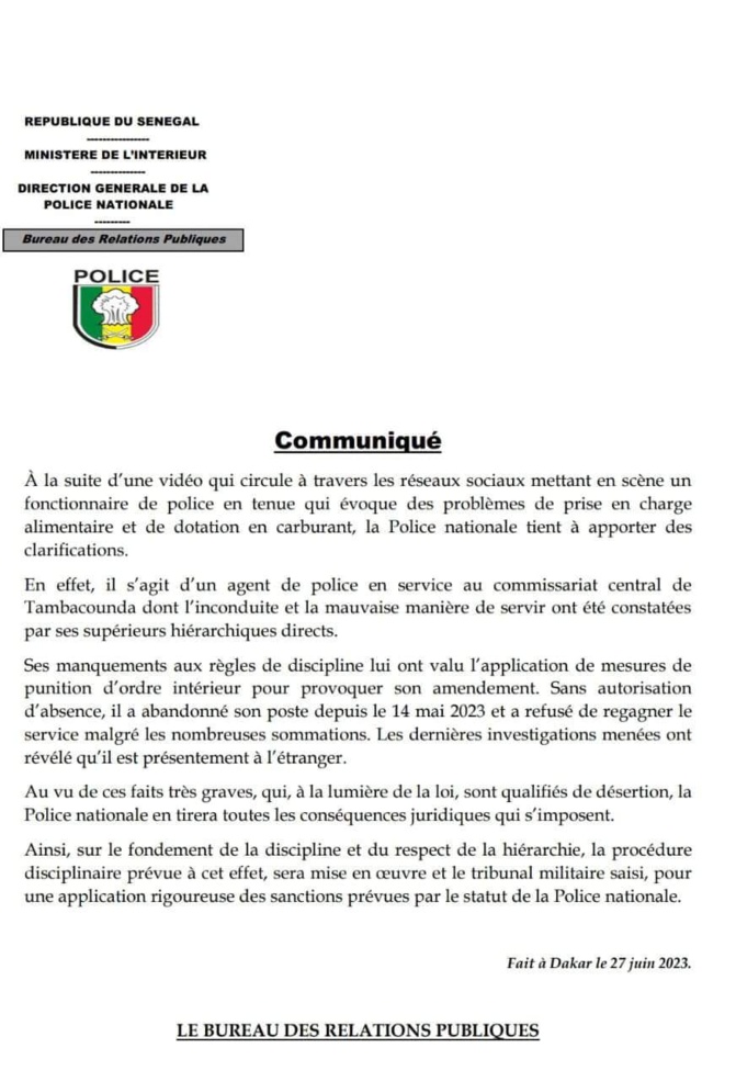 Vidéo dénonçant leurs conditions de travail: la police nationale apporte des précisons et annonce des poursuites judiciaires Vidéo dénonçant leurs conditions de travail: la police nationale apporte des précisons et annonce des poursuites judiciaires