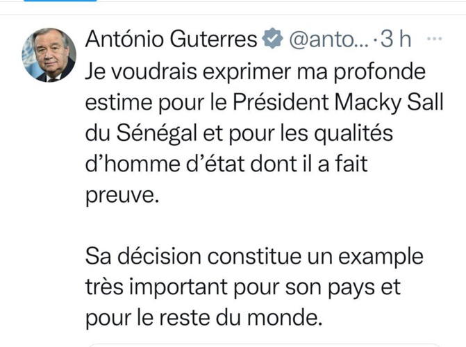Antonio Guterres, Issoufou Mouhamadou et Umaro Embalo saluent la décision du Président Sall Antonio Guterres, Issoufou Mouhamadou et Umaro Embalo saluent la décision du Président Sall