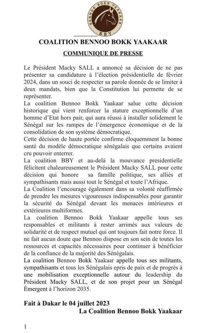 La coalition BBY salue la décision du Président Sall et appelle tous ses militants et sympathisants, à une mobilisation