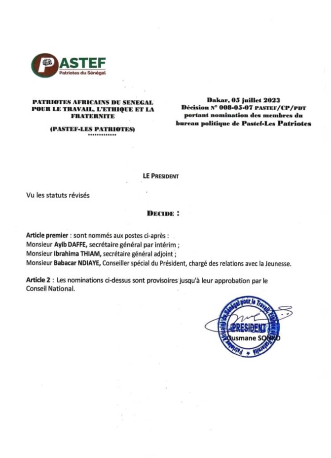 Pastef : Ousmane Sonko procède à plusieurs nominations
