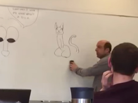Un professeur piégé par un chat dessiné sur un tableau blanc