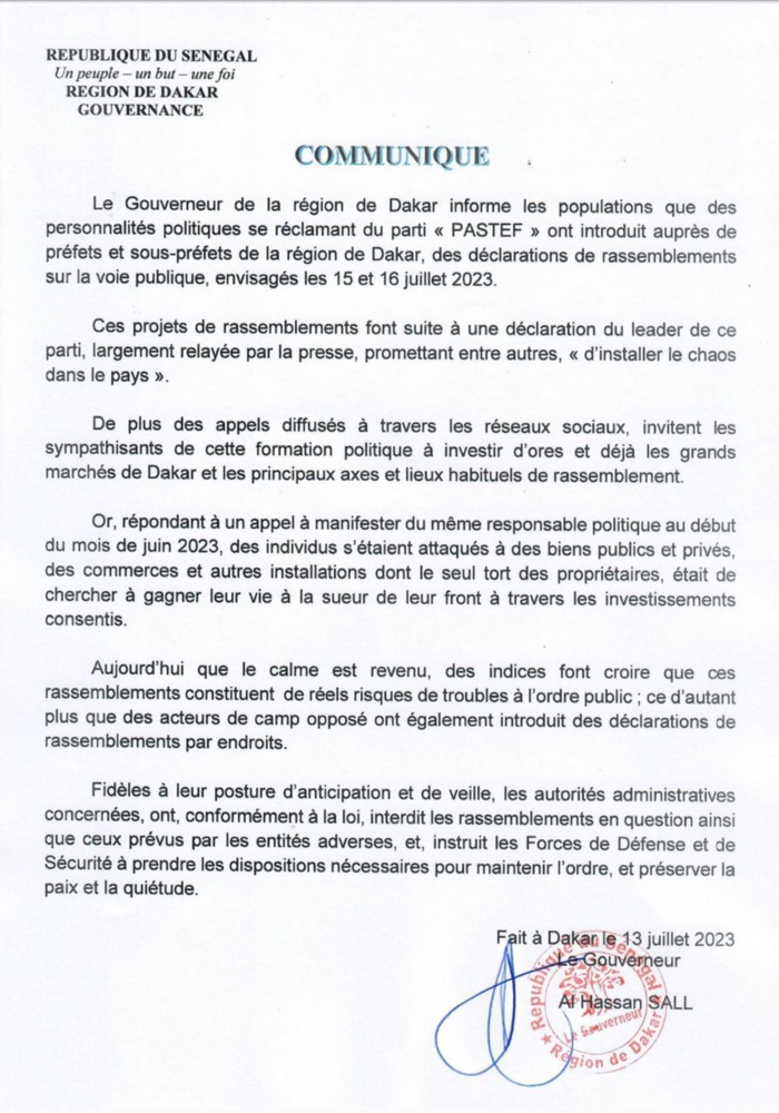 Investiture d'Ousmane Sonko: Le Gouverneur de Dakar interdit tous les rassemblements de Pastef Investiture d'Ousmane Sonko: Le Gouverneur de Dakar interdit tous les rassemblements de Pastef