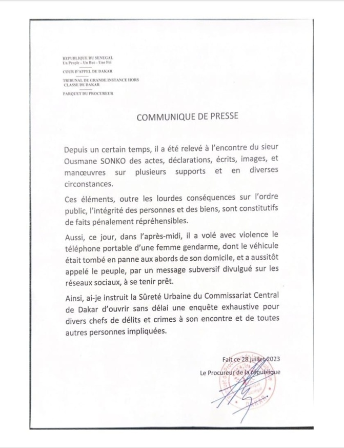 Arrestation d'Ousmane Sonko : Les précisions du procureur de la République