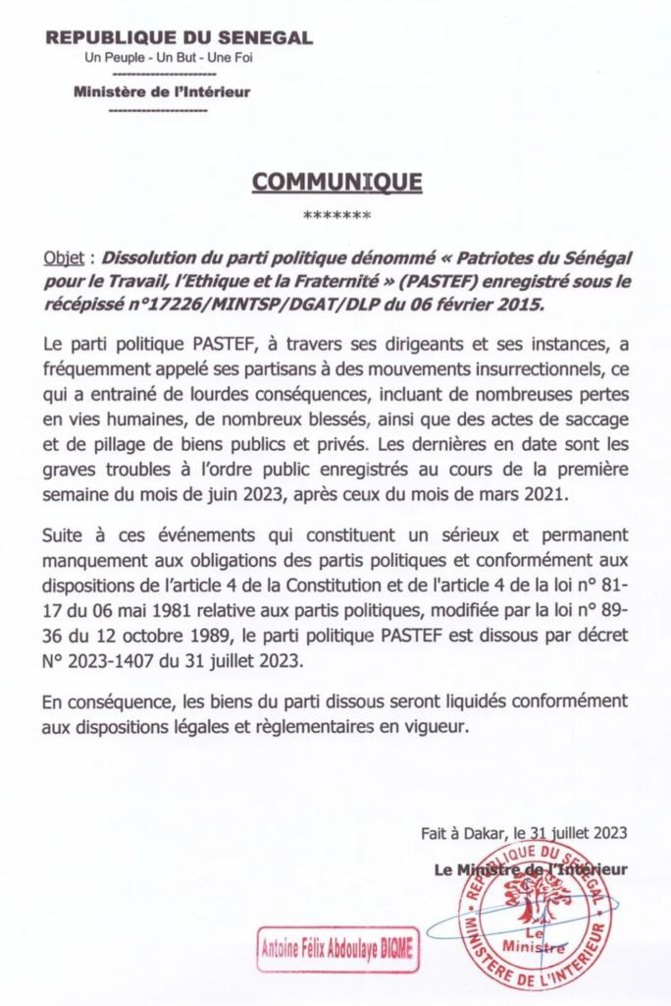 Urgent: Le parti Pastef, dissous
