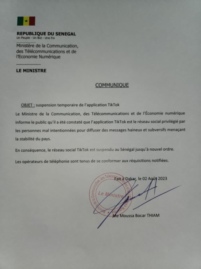 Le Gouvernement annonce la suspension de TikTok Le Gouvernement annonce la suspension de TikTok