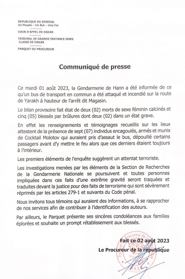 Attaque d'un bus: Les premiers éléments de l'enquête, suggèrent un attentat terroriste (Procureur de la République)