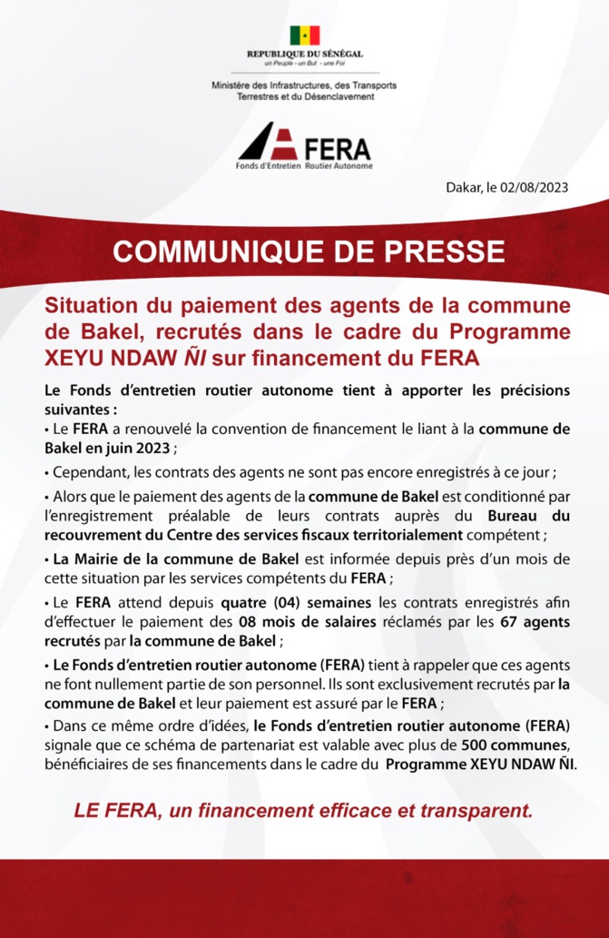 Réclamation des agents de la Commune de Bakel: Le Fera attend les contrats enregistrés, pour le paiement des 8 mois de salaires réclamés