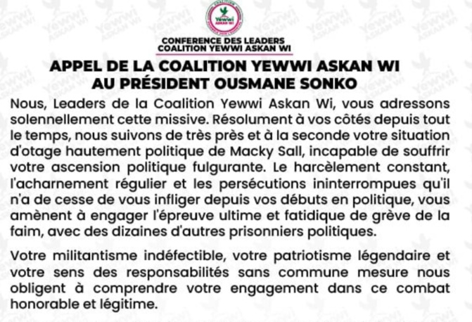 Sonko en grève de la faim: Les leaders de Yewwi Askan Wi l'invitent à arrêter sa diète