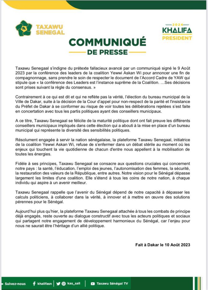 Fin de compagnonnage avec Yewwi Askan Wi: Taxawu Senegaal s’indigne du prétexte fallacieux avancé Fin de compagnonnage avec Yewwi Askan Wi: Taxawu Senegaal s’indigne du prétexte fallacieux avancé