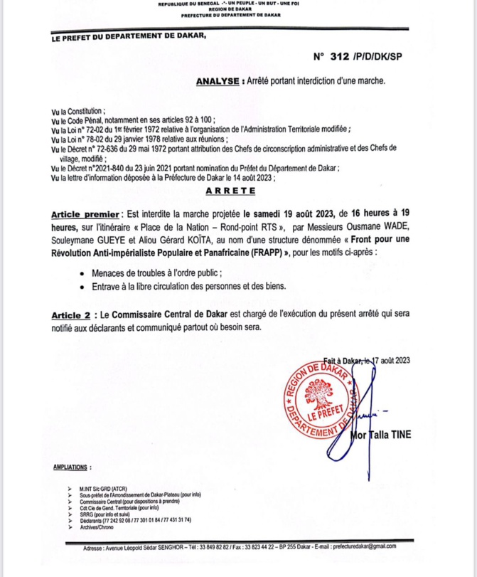Le Préfet de Dakar interdit la marche de Frapp Le Préfet de Dakar interdit la marche de Frapp