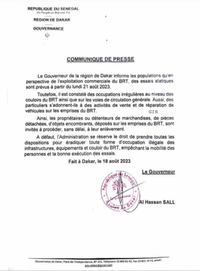 Exploitation du Bus Rapide Transit (BRT): Al Hassane Sall, gouverneur de la région de Dakar annonce des essais statiques, ce lundi Exploitation du Bus Rapide Transit (BRT): Al Hassane Sall, gouverneur de la région de Dakar annonce des essais statiques, ce lundi