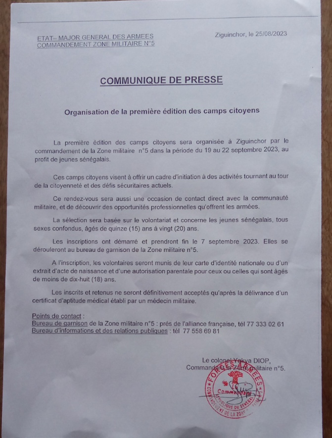 Ziguinchor : L’armée annonce l’ouverture de camps citoyens