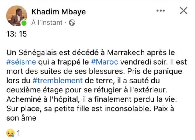 Maroc: Un Sénégalais est décédé à Marrakech après le seisme Maroc: Un Sénégalais est décédé à Marrakech après le seisme