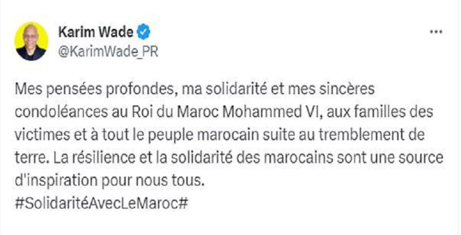 Tremblement de terre au Maroc : Karim Wade exprime sa solidarité et es sincères condoléances au Roi Mohammed VI