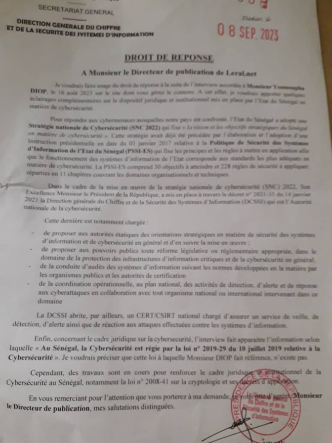 Droit de réponse: La Direction générale du chiffre et de la sécurité des systèmes d’information précise...