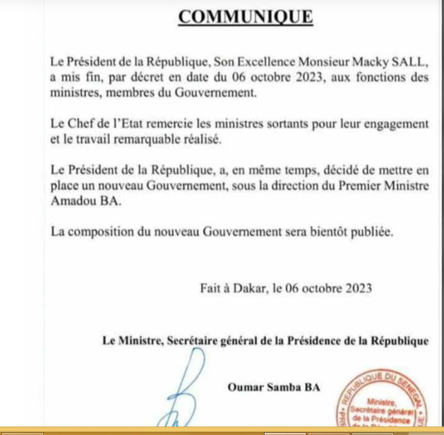 Remaniement imminent: Le Président Macky Sall met fin aux fonctions des ministres
