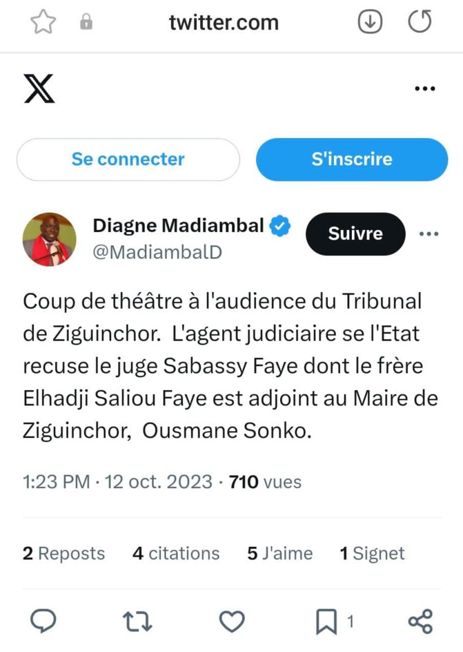 Tribunal de Ziguinchor/ L'Agent judiciaire de l'Etat récuse le juge Sabassy Faye : Madiambal Diagne révèle les raisons Tribunal de Ziguinchor/ L'Agent judiciaire de l'Etat récuse le juge Sabassy Faye : Madiambal Diagne révèle les raisons