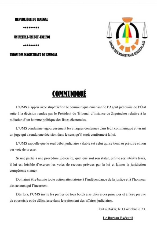Réintégration d'Ousmane Sonko sur les listes électorales: L'Union des magistrats du Sénégal condamne "les attaques" de l'Agent judicaire de l'Etat