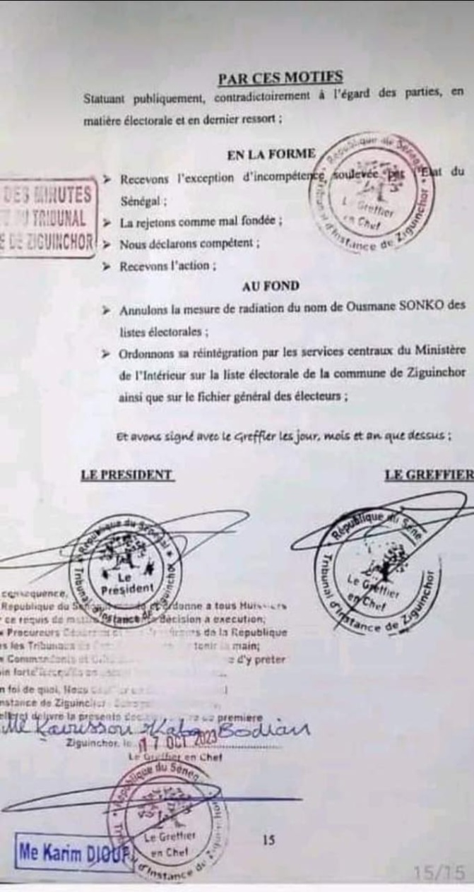 Listes électorales: Le Tribunal officialise la réintégration d’Ousmane Sonko Listes électorales: Le Tribunal officialise la réintégration d’Ousmane Sonko