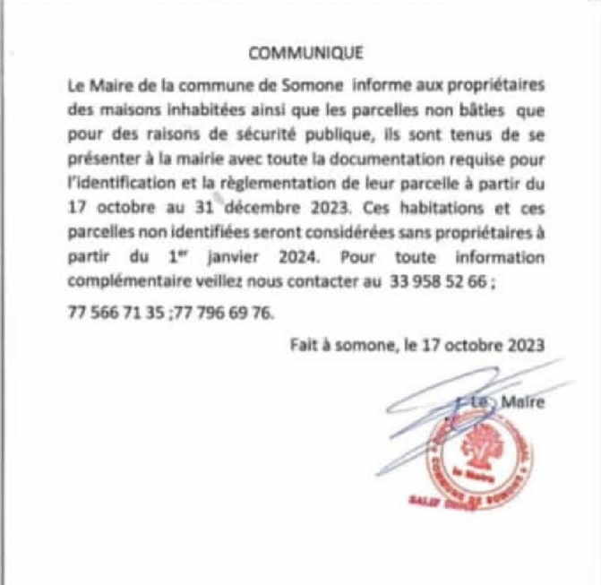 Commune de Somone : Les propriétaires des maisons inhabitées et des parcelles non bâties, appelés à la régularisation