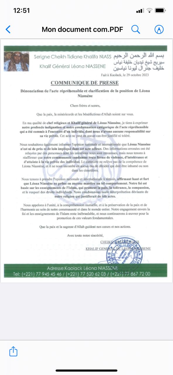 Corps exhumé et brûlé à Kaolack / Le Khalife de Léona Niassène s'indigne: "Cet acte ne peut en aucun cas, être justifié ni toléré"