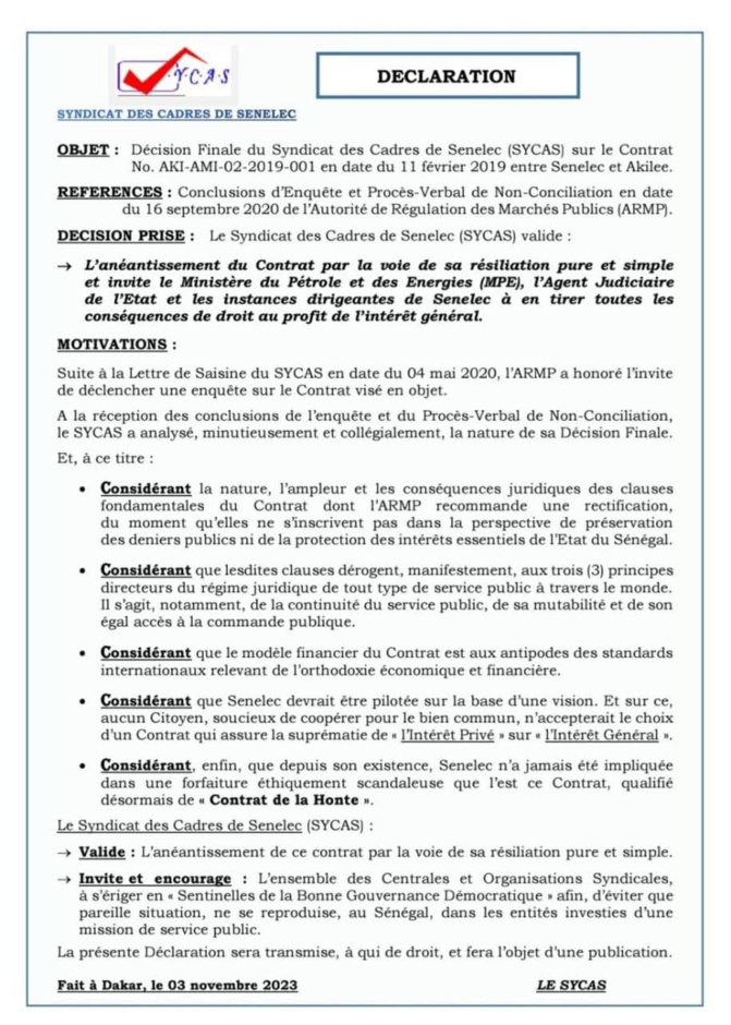 Des cadres de la Sénélec valident l'anéantissement du contrat Sénélec/Akilee (Document)