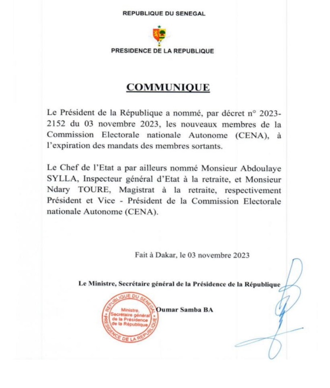Changement de dernière minute à la CENA : Le Président Macky Sall nomme de nouveaux membres