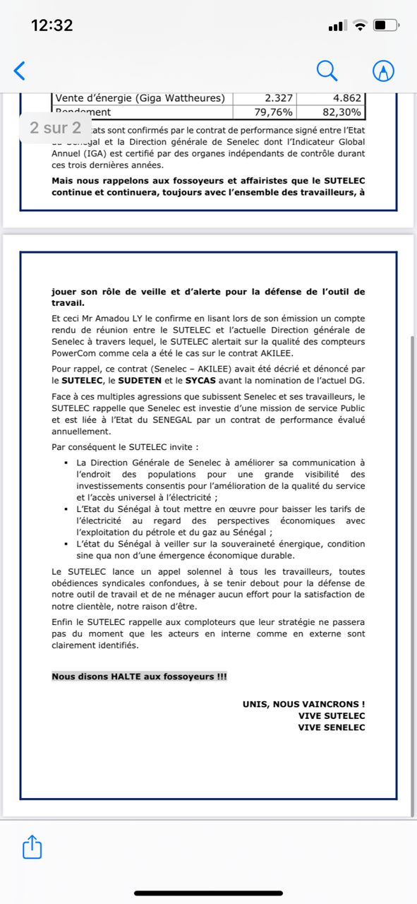Sortie d'Amadou Ly sur la Sénélec: Le Sutelec parle d'une campagne de diabolisation (Document) Sortie d'Amadou Ly sur la Sénélec: Le Sutelec parle d'une campagne de diabolisation (Document)