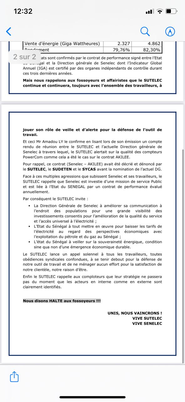 Sortie d'Amadou Ly sur la Sénélec: Le Sutelec parle d'une campagne de diabolisation (Document)