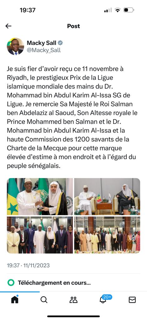 Riyad: Le Président Macky Sall a recu le prestigieux prix de la Ligue islamique mondiale des mains du SG de la Ligue, Dr Mohammad Bin Abdoul Karim Al-Issa