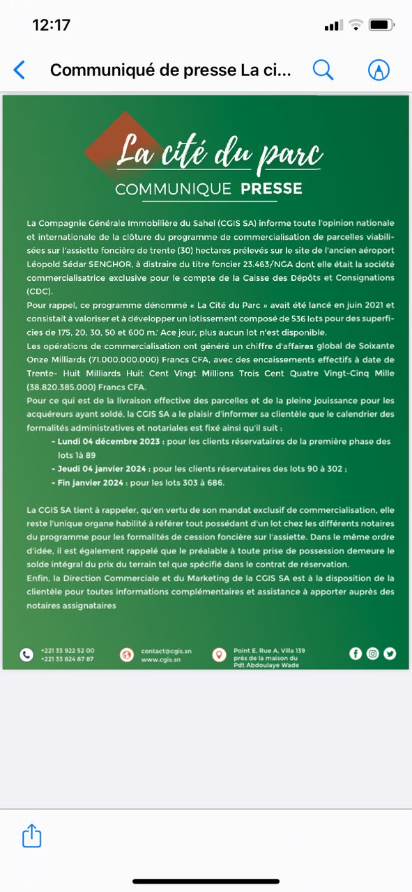 Commercialisation des 30 hectares de l’ancien aéroport LSS : La CGIS SA annonce la clôture du programme