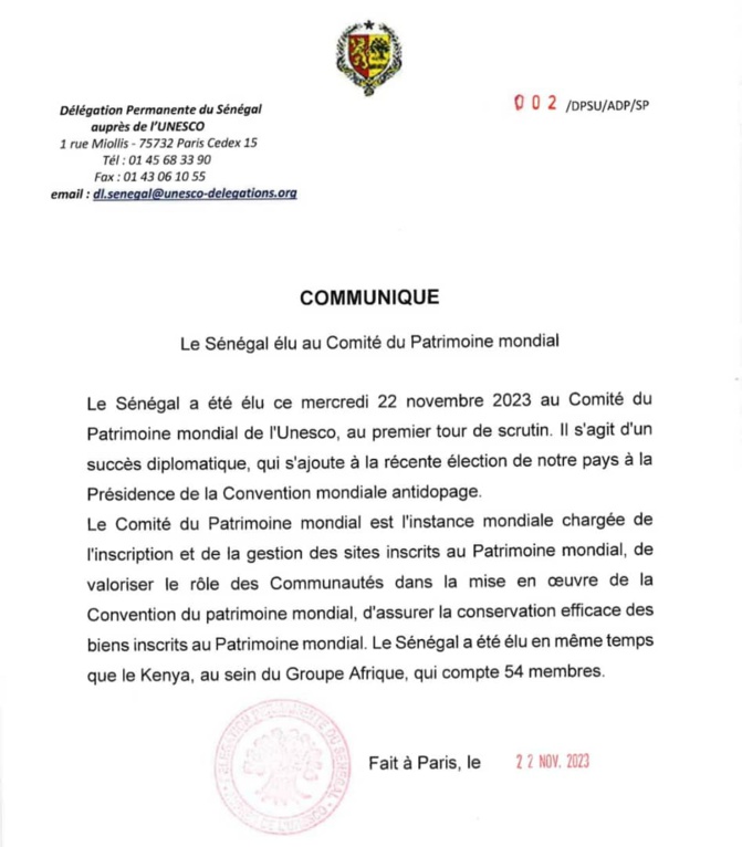 Le Sénégal élu au Comité du Patrimoine mondial Le Sénégal élu au Comité du Patrimoine mondial