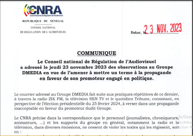 Groupe DMEDIA: Le CNRA adresse des observations et instruit à mettre un terme à la propagande en faveur de...