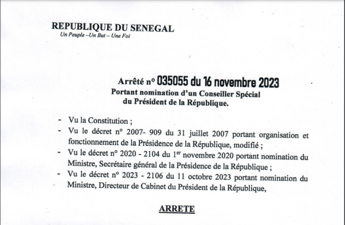 Décret de nomination : Mohamadoune Araby Niass nommé Conseil spécial du président de la République