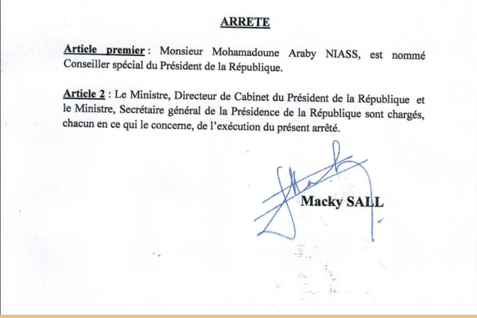 Décret de nomination : Mohamadoune Araby Niass nommé Conseil spécial du président de la République Décret de nomination : Mohamadoune Araby Niass nommé Conseil spécial du président de la République