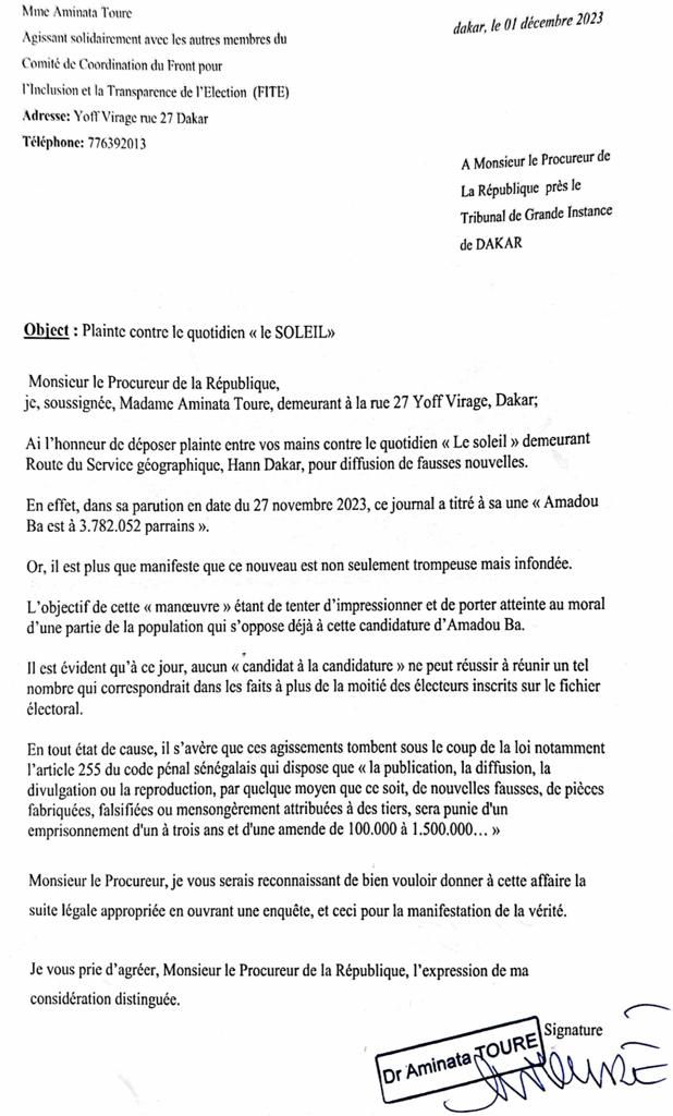 Aminata Touré porte plainte contre le quotidien "Le Soleil" Aminata Touré porte plainte contre le quotidien "Le Soleil"