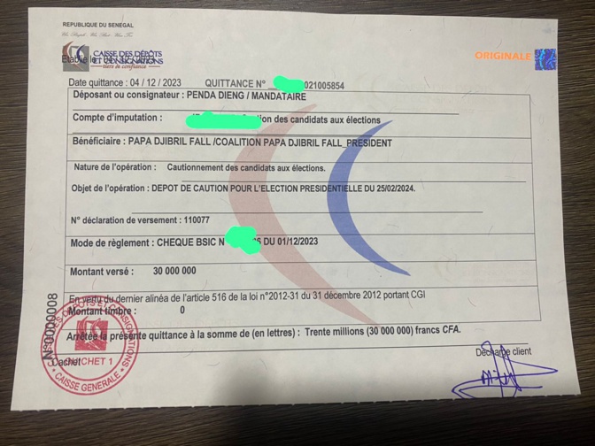 Présidentielle 2024: La Coalition Papa Djibril Fall Président, a déposé sa caution, ce lundi Présidentielle 2024: La Coalition Papa Djibril Fall Président, a déposé sa caution, ce lundi
