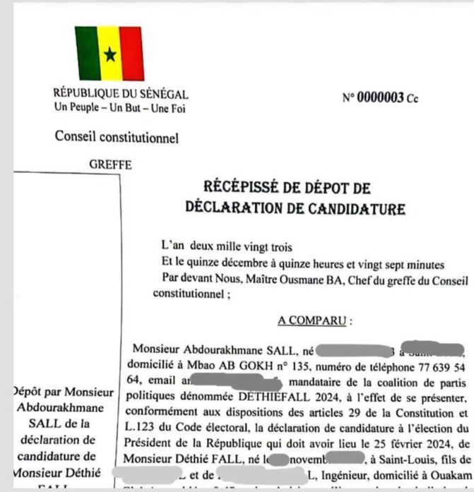 Conseil constitutionnel: Dépôt des dossiers de candidature du candidat Déthié Fall