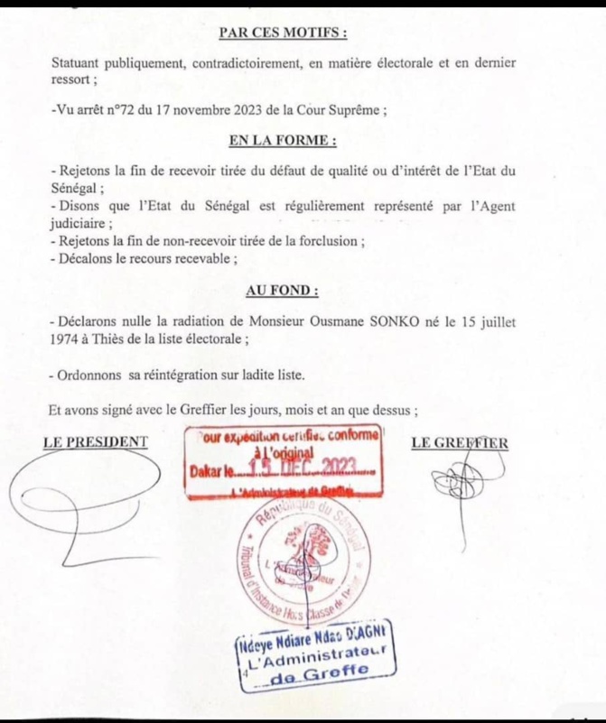 Ousmane Sonko réintégré sur les listes électorales : Le juge Thione a notifié sa décision au parquet Ousmane Sonko réintégré sur les listes électorales : Le juge Thione a notifié sa décision au parquet