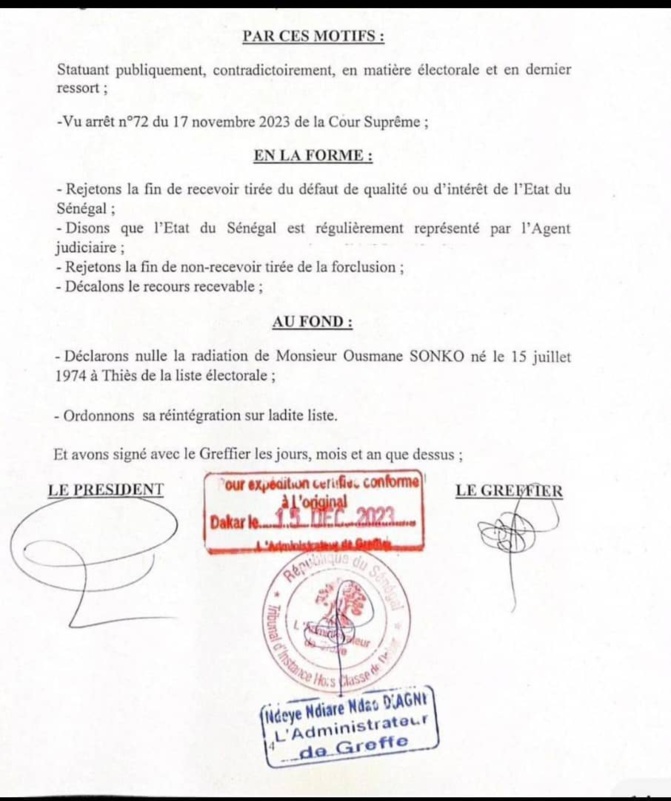 Réintégration d'Ousmane Sonko sur les listes électorales : Le juge Thione a notifié sa décision au parquet