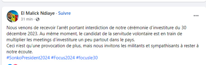 El Hadj Malick Ndiaye, Pastef: « L'autorité a décidé d'interdire la cérémonie d'investiture du candidat Ousmane Sonko »