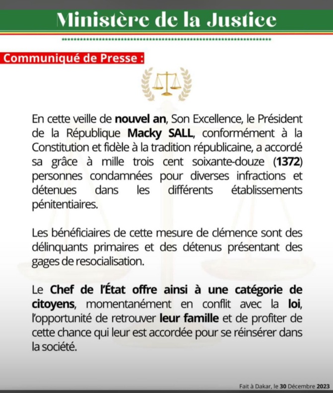 Nouvel an : 1 372 détenus graciés par le Président Macky Sall