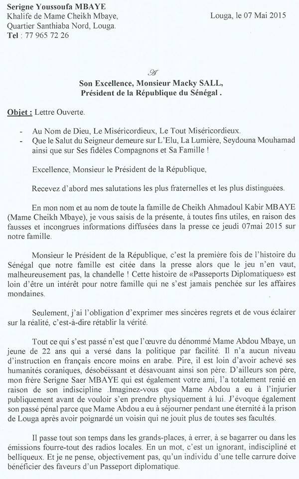 Document - Lettre ouverte du Khalife de Mame Cheikh Mbaye sur l’affaire des passeports diplomatiques