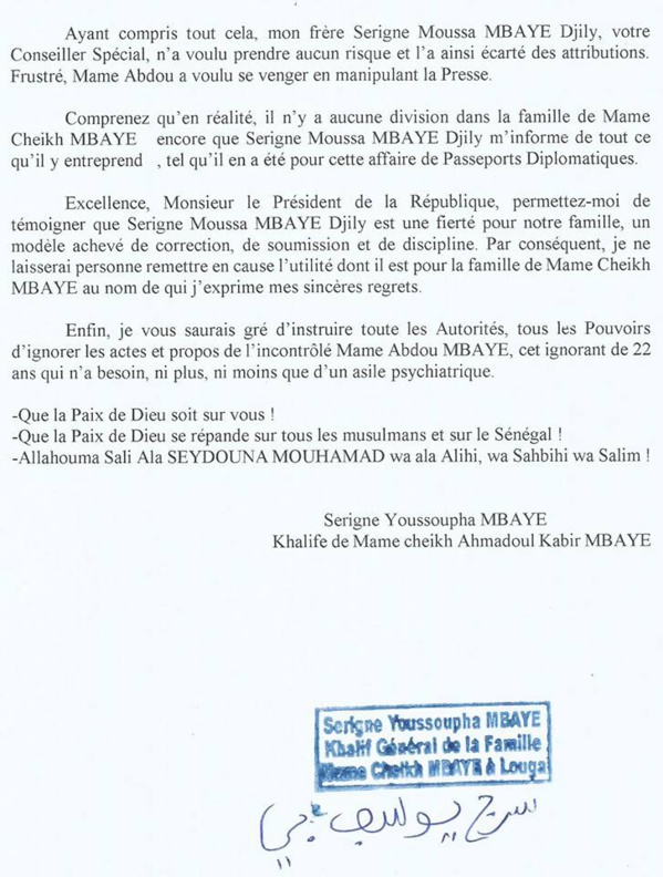 Document - Lettre ouverte du Khalife de Mame Cheikh Mbaye sur l’affaire des passeports diplomatiques