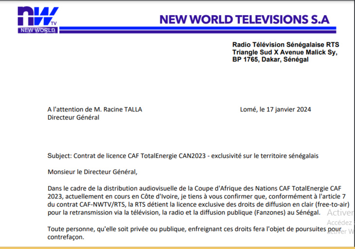 CAN2023 / Exclusivité des Fanzones détenue par la Rts: Un courrier de NWTV met fin à ce débat CAN2023 / Exclusivité des Fanzones détenue par la Rts: Un courrier de NWTV met fin à ce débat