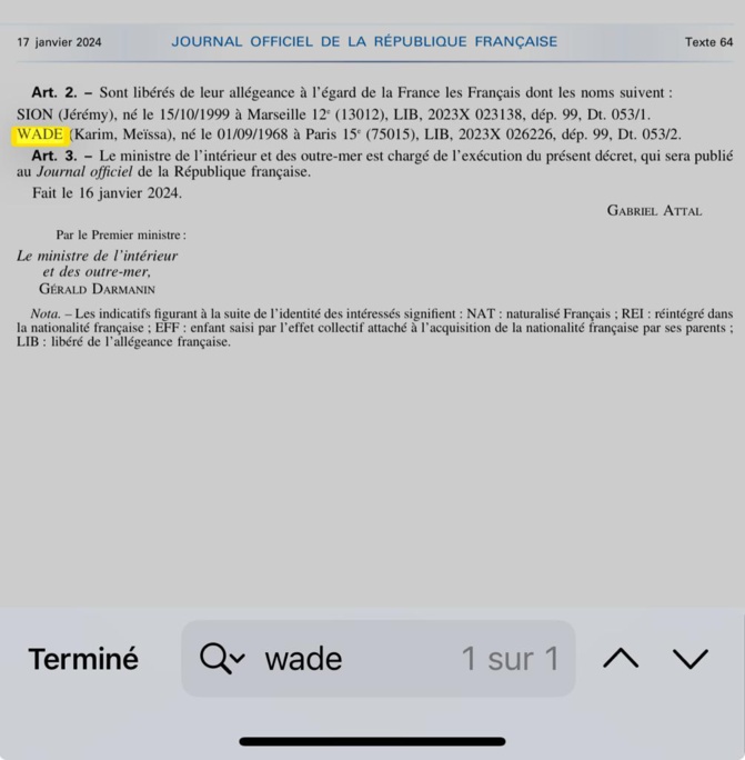 Présidentielle 2024: Décret du Ministre de l’Intérieur francais, actant la renonciation à sa nationalité francaise, publié au Journal officiel,  ce mercredi