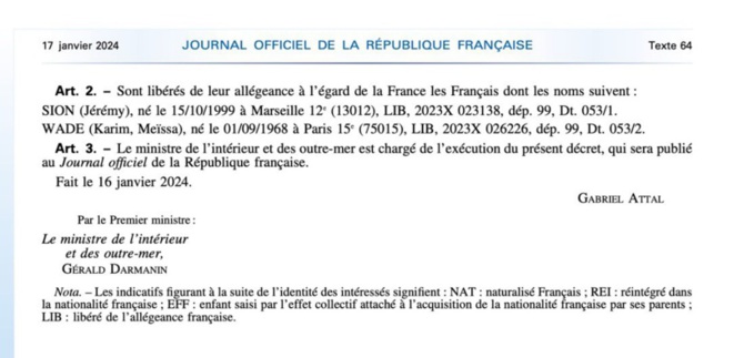 Présidentielle 2024: Décret du Ministre de l’Intérieur francais, actant la renonciation à sa nationalité francaise, publié au Journal officiel,  ce mercredi